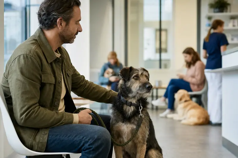 Ein brauner Hund sitzt ruhig neben seinem Besitzer im hellen Wartezimmer einer modernen Tierarztpraxis.